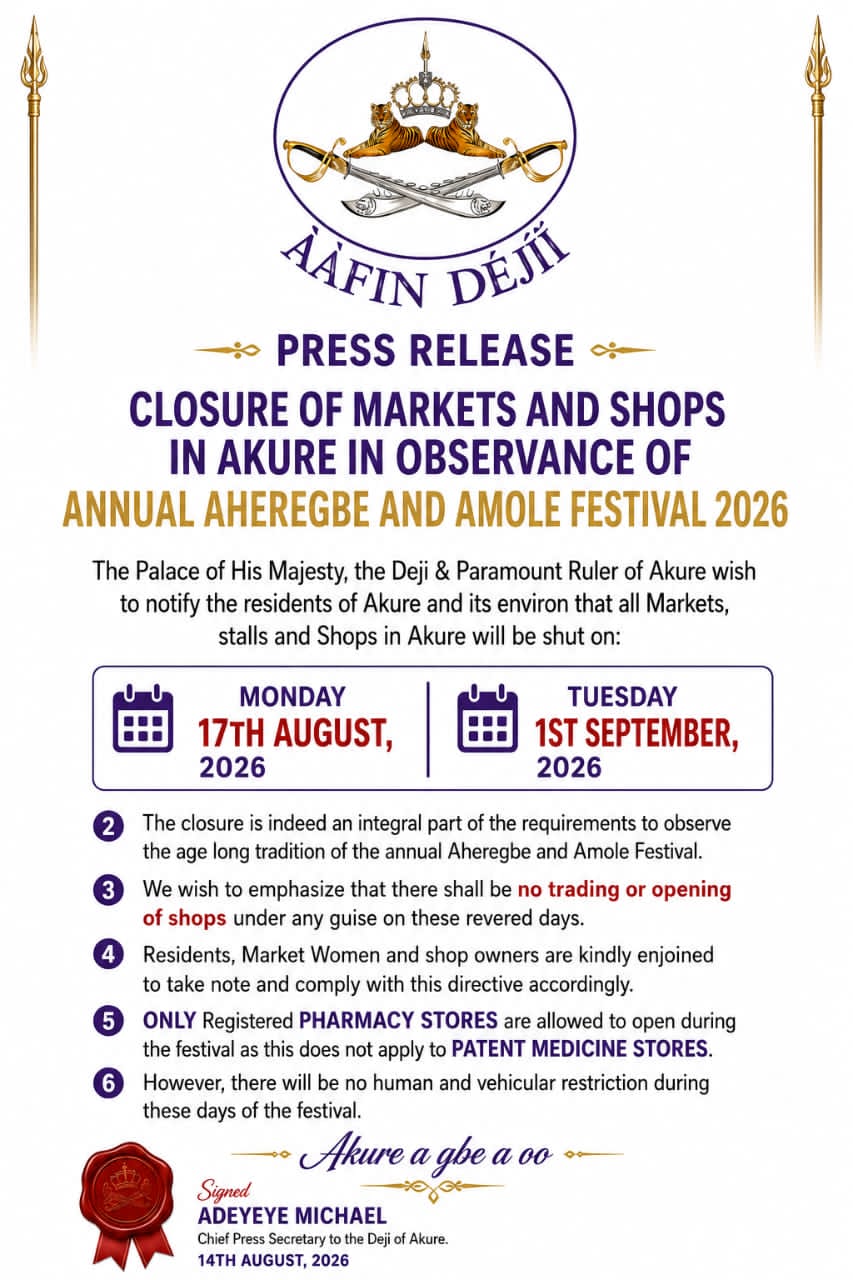 DEJI’S PALACE ANNOUNCES DATES FOR MARKET CLOSURE IN OBSERVANCE OF 2026 AHEREGBE AND AMOLE FESTIVAL